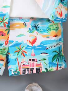 3pcs/Set Young Boy Casual Resort Style Polo Collar Digital Printed Comfortable Fabric Short Sleeve Buttoned Top Paired With Elastic Waist Shorts + Bucket Hat. Comfortable & Fashionable, Suitable For Summer Wear, Showcase Boy's Personalized Charm, Fit For 4-7 Years Old Kids On Vacation, Beach, Outdoor Activities - Blue - View 5