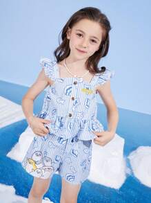 SEALOOK X SHEIN 少女卡通可爱海豹、鱼、贝壳印花蓝色夏日度假清爽荷叶边下摆上衣短裤套装 - 淺藍色 - 查看 1