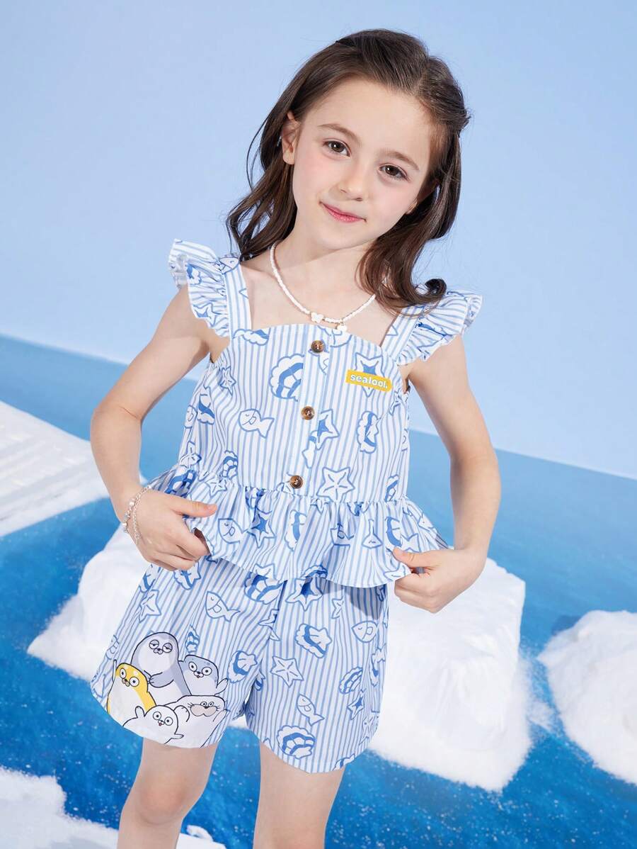 SEALOOK X SHEIN 少女卡通可爱海豹、鱼、贝壳印花蓝色夏日度假清爽荷叶边下摆上衣短裤套装 - 淺藍色 - 查看 1