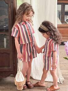SHEIN LMoss Kids 2件套女婴梭织条纹休闲衬衫和短裤套装 - 彩色 - 查看 1