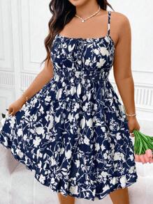 SHEIN PETITE 收腰性感细肩带碎花紧身连衣裙，复古风格收腰性感碎花细肩带紧身连衣裙，优雅时尚碎花 A 字形细肩带迷你连衣裙，清新夏日花卉系腰修身细肩带连衣裙 - 藍色 - 查看 7