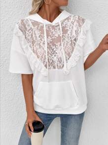 SHEIN LUNE Áo nỉ trùm đầu ren tương phản màu trắng của Nhật Bản có viền ren thời trang thu đông - trắng - Xem 5