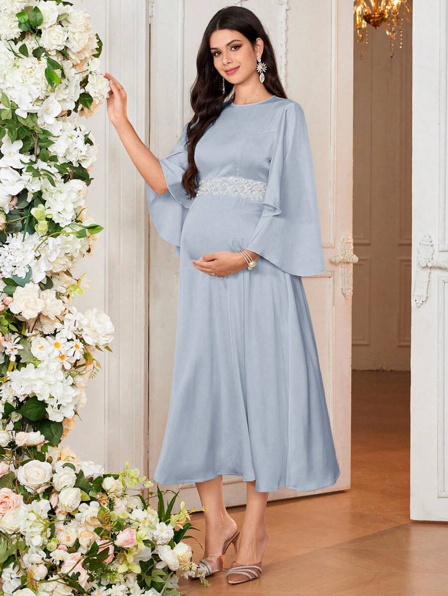 Loomaby 孕妇优雅成熟圆领喇叭袖长款紧身连衣裙，适合度假 - 淺藍色 - 查看 1