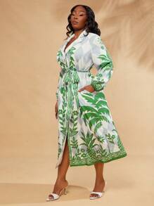 SHEIN SXY Robe chemise imprimée à manches longues élégante et sexy pour femme grande taille, adaptée pour le port quotidien, les mariages, BOHO, bohème, les sorties, les vacances à la plage, les vacances, le bord de mer, le style western, les festivals de musique, les concerts, les fêtes de carnaval, avec des couches riches, les sorties, Ibiza, Nashville, les pauses, modeste, chic, le club