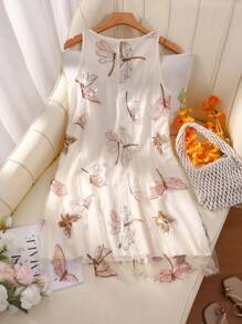 Franclia 女士优雅刺绣亮片装饰网眼无袖圆领短款 A 字连衣裙，杏色，夏季 - 杏色 - 查看 2