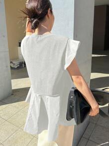 FRIFUL Women Ruffled Splice Loose Tank Top Cap Sleeve Casual Summer Solid Color T-Shirt - White - View 3