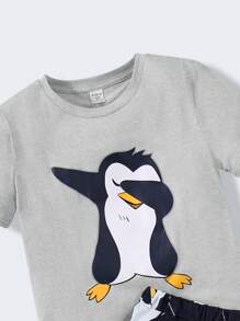 SHEIN 2pcs Tween Boys Cute Penguin Print T-Shirt And Shorts Set, Pajamas