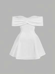 SHEIN MOD Đầm dạ hội mini màu trắng trễ vai thắt nơ cỡ lớn, thanh lịch cho tiệc tùng - trắng - Xem 2