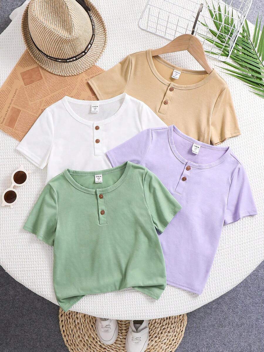Conjunto de 4 piezas de ropa para niños, estilo casual y cómodo para niño pequeño, tela con textura cómoda, detalles de botones con estampado de madera en polo, camiseta cuello redondo de manga corta en multipack de 4 colores, adecuado para uso en casa, ocio, salidas, juegos, escuela, primavera/verano - Multicolor - Ver 1