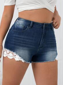 SHEIN Tall CURVE Plus Size Denim Shorts, Fashionable For Summer - Blue - View 3