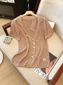 Franclia Women Solid Color Hollow Out Single Breasted Thin Short Sleeve Cardigan - Bronze - View 3