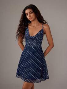TRNVIE Romantic Asymmetrical Camisole Backless Polka Dot Mesh Mini Dress, Suitable For Spring/Summer Vacation - Navy Blue - View 4