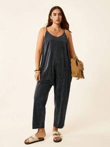 SHEIN LUNE 大码女式休闲口袋酸洗连体裤 - 黑色 - 查看 5