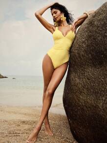 Anewsta 女士浅黄色贝壳装饰连体泳衣 - 黃色 - 查看 4