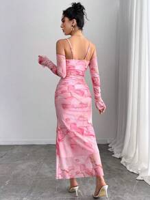 SHEIN PETITE Đầm ôm body tay dài in họa tiết hoa màu hồng hở vai cho nữ - Hồng - Xem 2