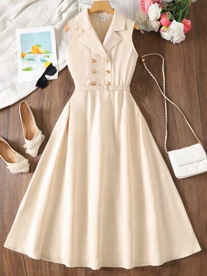 SHEIN 少女优雅通勤纯色双排扣无袖中长连衣裙 | 优雅学院风单排扣连衣裙，适合夏季、派对、旅行、通勤