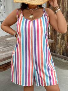 SHEIN VCAY 骄傲月加大码女式彩色条纹印花细肩带宽松度假休闲连衣裙，适合夏季，母亲节服装，女士度假服装，狂欢装，加大码女式西部装 - 彩色 - 查看 1