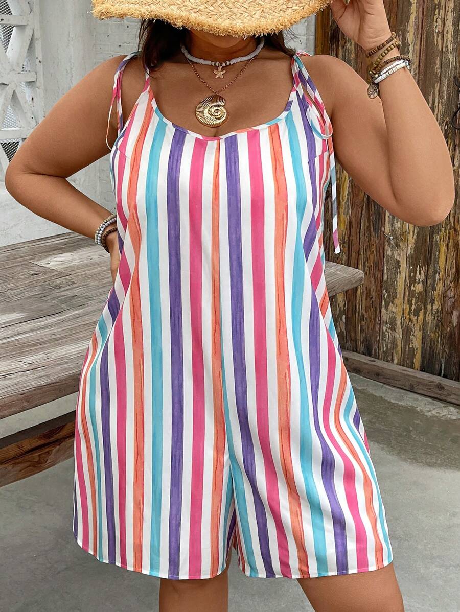SHEIN VCAY 骄傲月加大码女式彩色条纹印花细肩带宽松度假休闲连衣裙，适合夏季，母亲节服装，女士度假服装，狂欢装，加大码女式西部装 - 彩色 - 查看 1