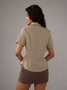 TRNVIE 女士简约日常短袖衬衫 - 鏽棕色 - 查看 2