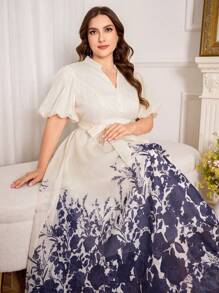 Modelyn Plus Size Women Elegant Printed Waist-Cinched Flare Dress