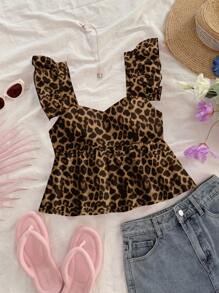 Soleia 女士度假休闲方领荷叶袖娃娃衫，豹纹印花，复古休闲，性感可爱，Y2K波西米亚风，适合夏季外出穿着，时尚女式衬衫 - 彩色 - 查看 6