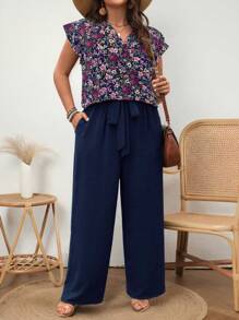 SHEIN LUNE Bộ 2 món cỡ lớn dành cho nữ: Áo tay lửng họa tiết hoa nhỏ xinh có nơ và quần ống rộng trơn mùa hè Boho Old Money trang phục mùa hè cho nữ trang phục nghỉ xuân trang phục tiệc tùng lễ hội trang phục nghỉ xuân trang phục hoa thanh lịch thường ngày trang phục nghỉ lễ Phục sinh cho nữ trang phục lễ Phục sinh quần áo mùa hè cho nữ bộ quần áo mùa hè cho nữ áo sơ mi mùa hè cho nữ trang phục mùa hè thường ngày cho nữ quần ống rộng cho nữ quần màu xanh navy quần ống rộng mùa hè bộ quần mùa hè cho nữ bộ áo cánh và quần dài - Màu xanh hải quân - Xem 6