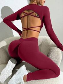 Easithlete 女士纯色交叉后背长袖短款 T 恤和紧身裤运动服套装女士健身套装 - 酒紅色 - 查看 2