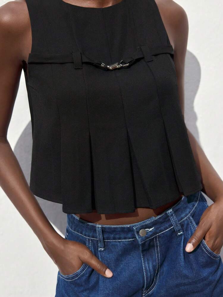 SHEIN Maija Women's Solid Color Round Neck Pleated Hem Casual Top