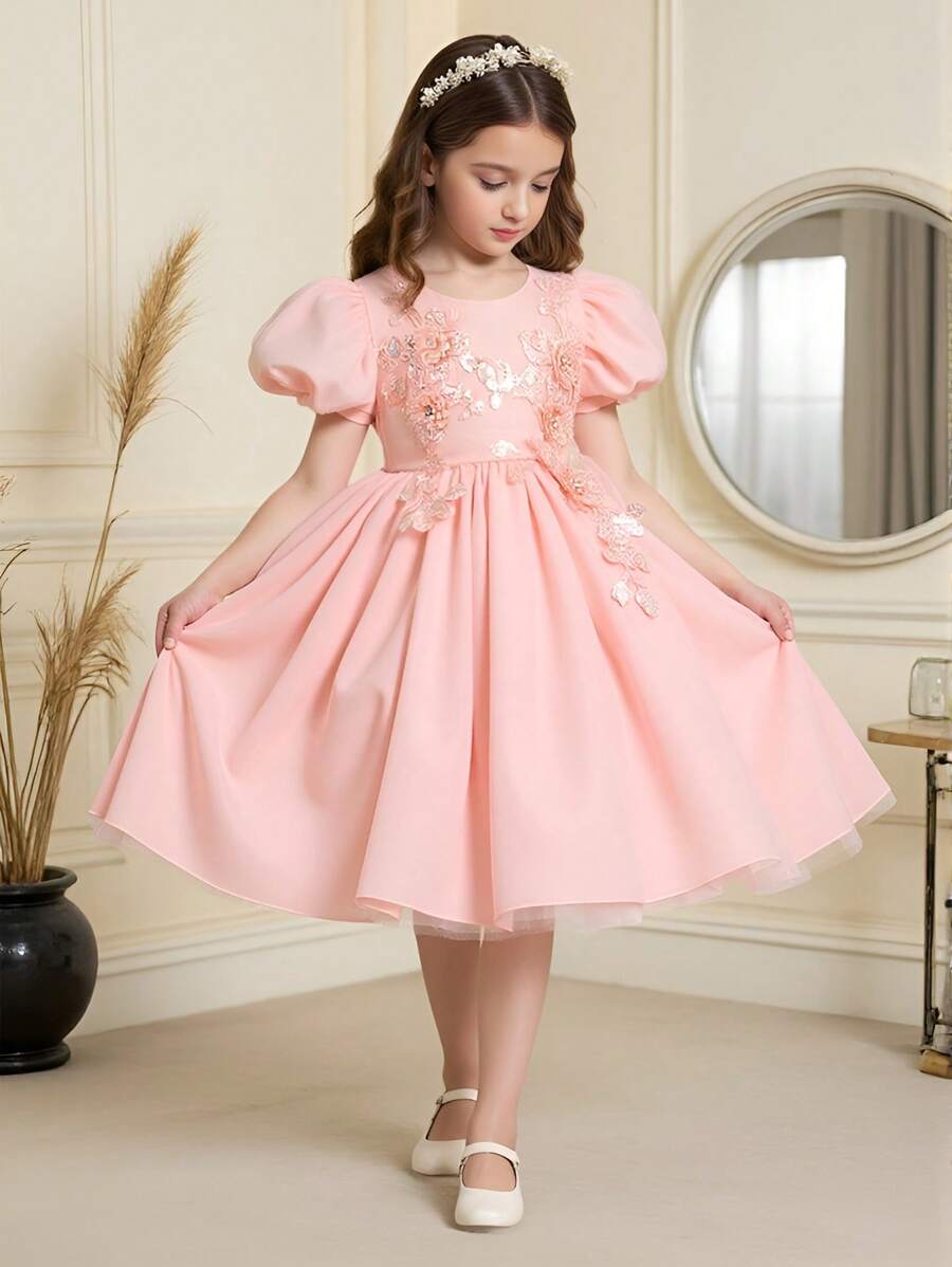 SHEIN 年轻女孩圆领荷叶边袖刺绣后背蝴蝶结设计欧根纱连衣裙，适合钢琴演奏会、宴会、T台、婚礼、生日派对