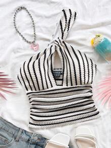 Soleia WYWH 女式镂空露背条纹针织上衣，适合节日约会、休闲下午茶、派对、音乐节、波西米亚风度假 - 棕色 - 查看 1