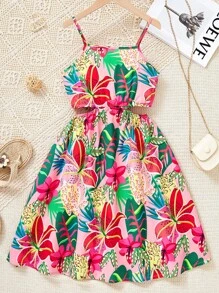 青少年女孩休闲花卉印花镂空腰部套头连衣裙