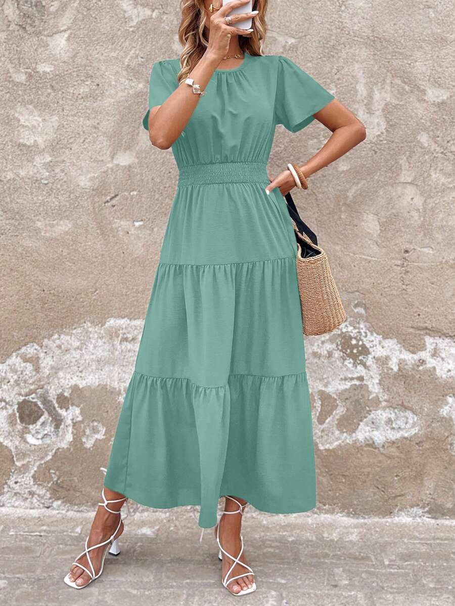 SHEIN LUNE 女士休闲纯色喇叭袖连衣裙，适合春夏季度假和日常穿着