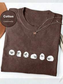Women's Cotton Sheep Pattern Short Sleeve Round Neck T-Shirt, Summer - Coffee Brown - View 3