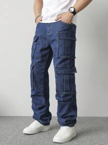 Manfinity Homme Men's Solid Color Multi-Pocket Casual Cargo Denim Jeans - Medium Wash - View 7