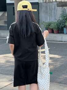 Dazy Kids 青少年女孩两件套撞色条纹蝴蝶结装饰上衣和短裤套装，适合返校季 - 黑色 - 查看 2