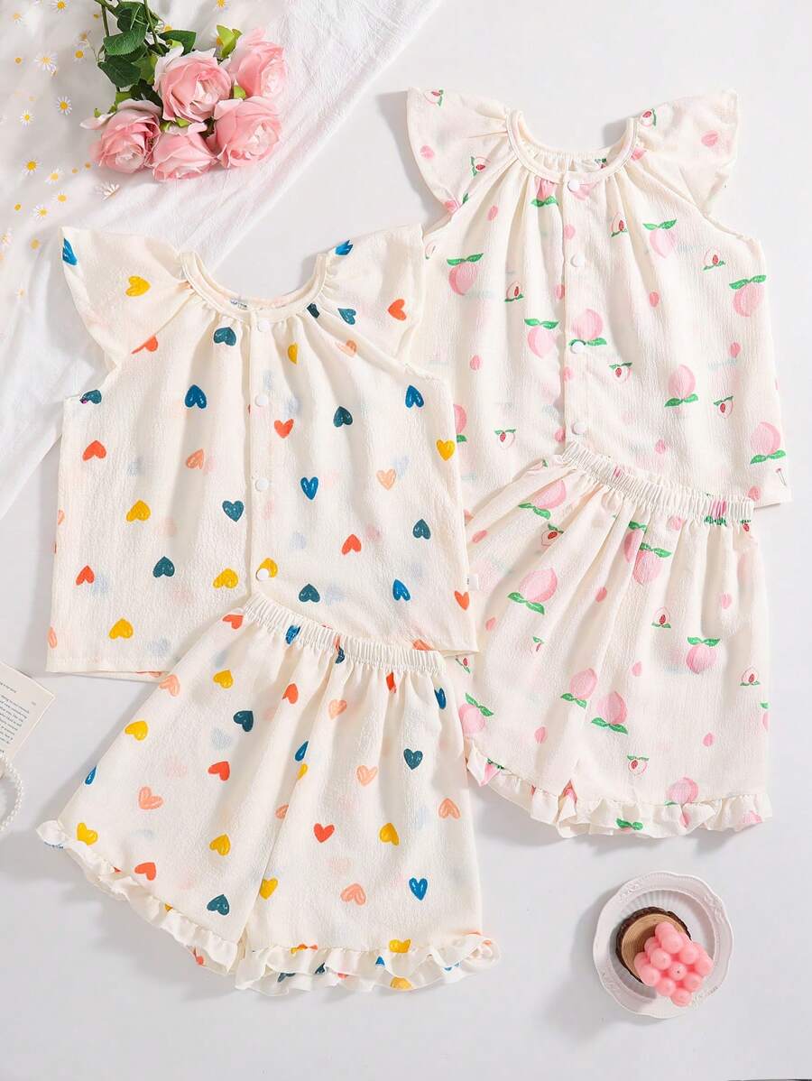 New Children 4pcs Set, Girls Cap Sleeve Top With Cap Sleeve & Shorts Sleepwear, Comfortable Casual Homewear, Summer