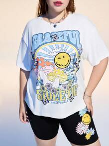 SmileyWorld® | SHEIN 加大码蘑菇字母图案短袖T恤和短裤两件套，夏季休闲 - 黑與白 - 查看 3