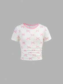 SHEIN Girlism 青少年女孩休闲甜美粉色蝴蝶结印花褶饰圆领短袖合身短款弹力针织上衣，配有头带和发带