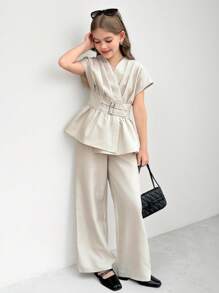 SHEIN 青少年女孩宽松落肩裹腰上衣和裤子优雅两件套 - 杏色 - 查看 7