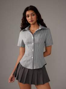 Flirla Women's Casual Striped Short Sleeve Shirt, Summer - Light Grey - View 5