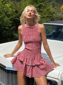 SHEIN EZwear Holiday Outfits Summer Island Vacation Outfits Women's Regular Cute Holiday Red & White Plaid Sleeveless Mini Dress Women Short Dresses Summer - Red - View 4