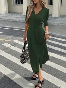 Serisse Đầm dài vừa phải cài nút phía trước màu trơn đơn giản cho nữ, mùa hè - màu xanh lá - Xem 3