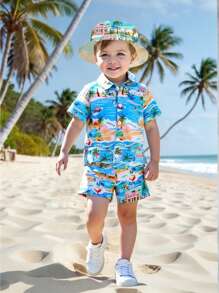 3pcs/Set Young Boy Casual Resort Style Polo Collar Digital Printed Comfortable Fabric Short Sleeve Buttoned Top Paired With Elastic Waist Shorts + Bucket Hat. Comfortable & Fashionable, Suitable For Summer Wear, Showcase Boy's Personalized Charm, Fit For 4-7 Years Old Kids On Vacation, Beach, Outdoor Activities - Blue - View 1