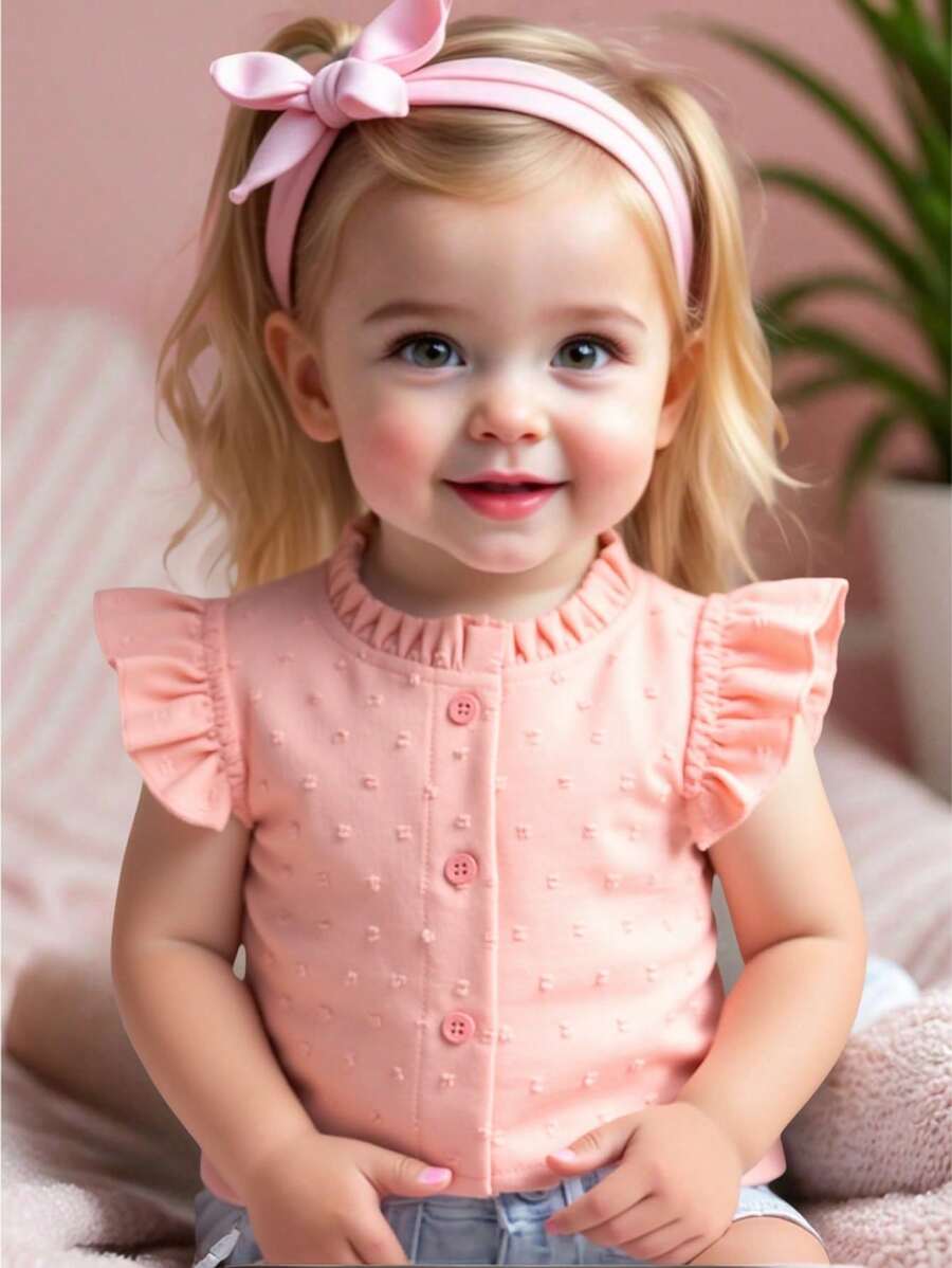 SHEIN 女婴无袖荷叶边衬衫背心 - 粉色 - 查看 1