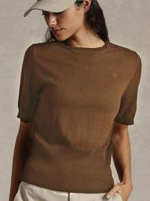 Briarwyn Crew Neck Short Sleeve Top, Solid Color, Fashionable For Summer - Coffee Brown - View 5