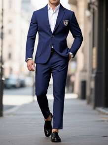 Manfinity Bizformal Men's Letter Print Long Sleeve Blazer Jacket And Pants Suit Set - Navy Blue - View 1
