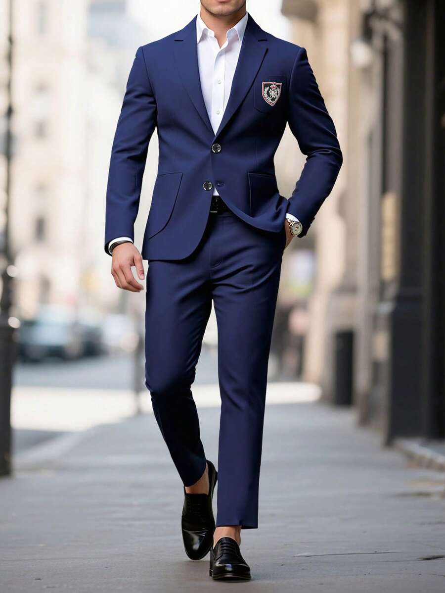 Manfinity Bizformal Men's Letter Print Long Sleeve Blazer Jacket And Pants Suit Set - Navy Blue - View 1
