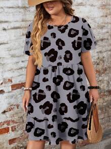 EMERY ROSE Plus Size Casual Loose Round Neck Short Sleeve Dress, Suitable For Summer Chic Dress - Multicolor - View 4