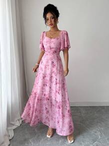 Modelyn Chiffon vlinderprint vleermuismouwen geplooide zoete Franse zomerjurk voor dames