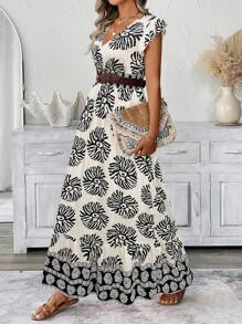 SHEIN LUNE Đầm dài chữ A nhún bèo tay bồng xòe eo nhún bèo cho nữ, Đầm in họa tiết thường ngày cho kỳ nghỉ - Màu be - Xem 5